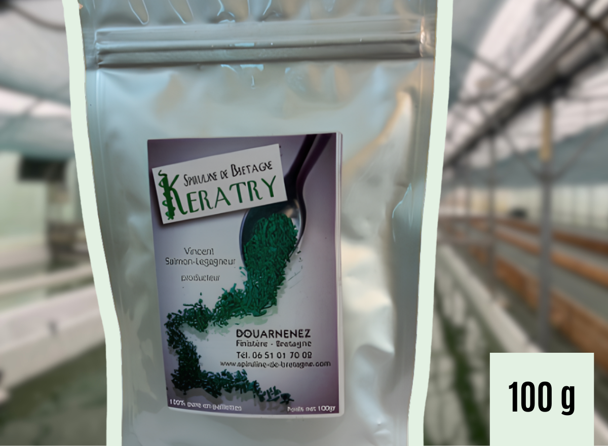 100 % Spiruline de Bretagne pure en paillette •   Sachet de 100 g •