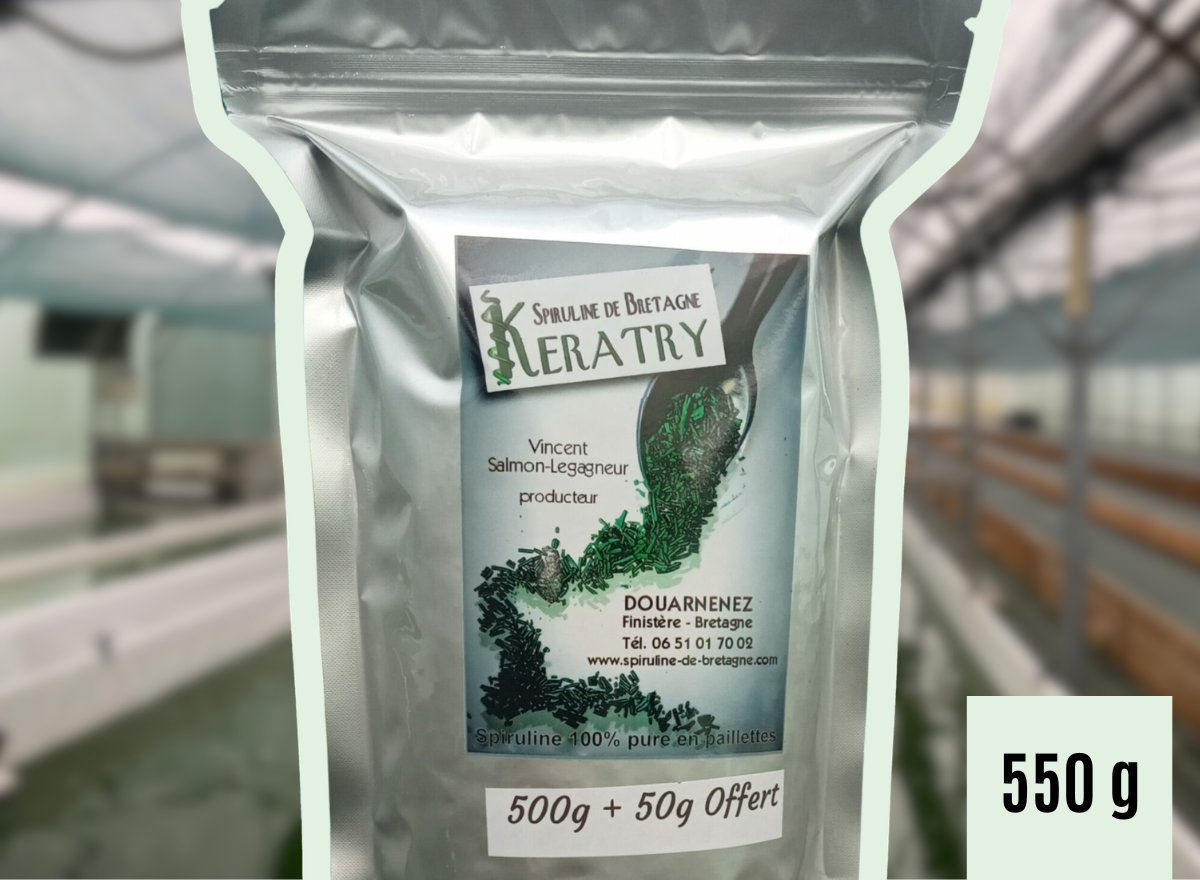 100 % Spiruline de Bretagne pure en paillette •   Sachet de 500 g + 50 g Offert •