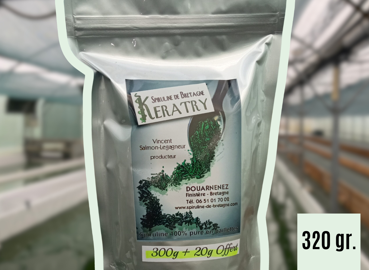 100 % Spiruline de Bretagne pure en paillette •   Sachet de 300 g + 20 g Offert •