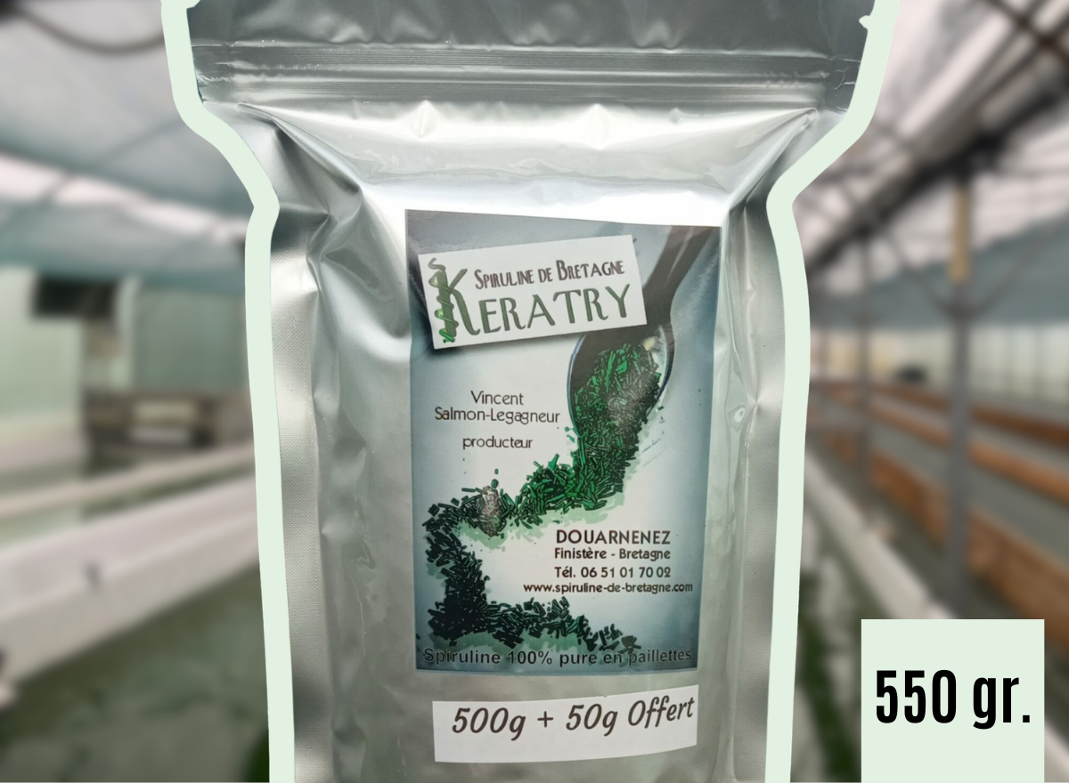 100 % Spiruline de Bretagne pure en paillette •   Sachet de 500 g + 50 g Offert •